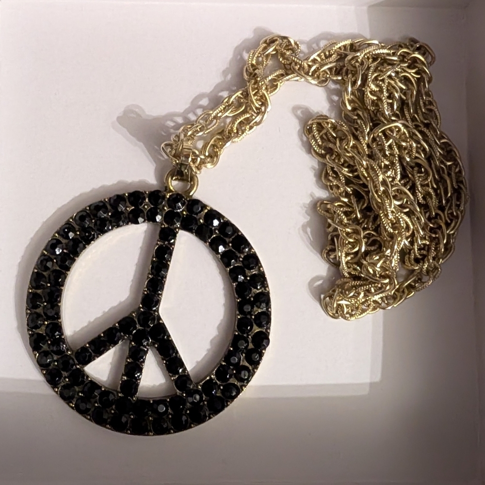 Vintage-Style Gold & Black Rhinestone Peace Sign Necklace